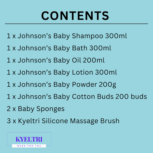 Baby Bath Set bundled with Johnson's Baby Toiletries and Kyeltri Silicone Baby Brushes for Cradle Cap and Baby Massage with Baby Sponges