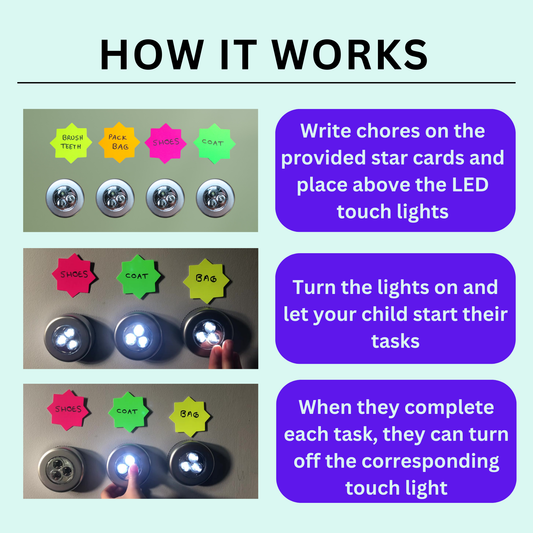 Chores System for Kids Set with Touch Lights, Neon Cards and Instruction Guide for To Do List Visual Timetable and Routine Planner