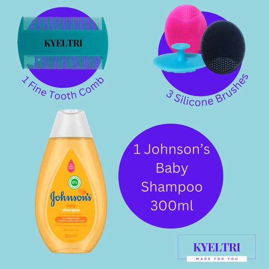 Cradle Cap Treatment for Baby Including 3 Kyeltri Silicone Cradle Cap Brushes & Fine Tooth Cradle Cap Comb Bundled with Johnson's Baby Shampoo