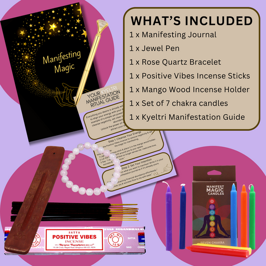 Manifestation Positive Gift Set with Manifesting Journal, Satya Incense Sticks, x7 Chakra Candles, Rose Quartz Bracelet, Incense Stick Holder and Jewel Pen