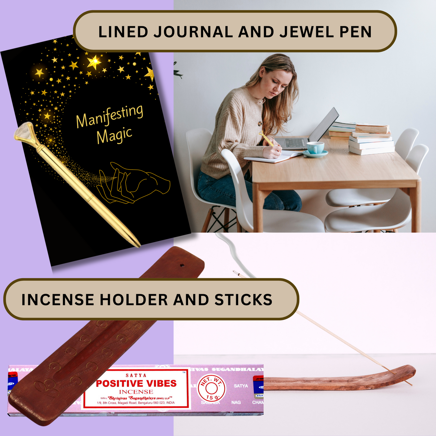 Manifestation Positive Gift Set with Manifesting Journal, Satya Incense Sticks, x7 Chakra Candles, Rose Quartz Bracelet, Incense Stick Holder and Jewel Pen