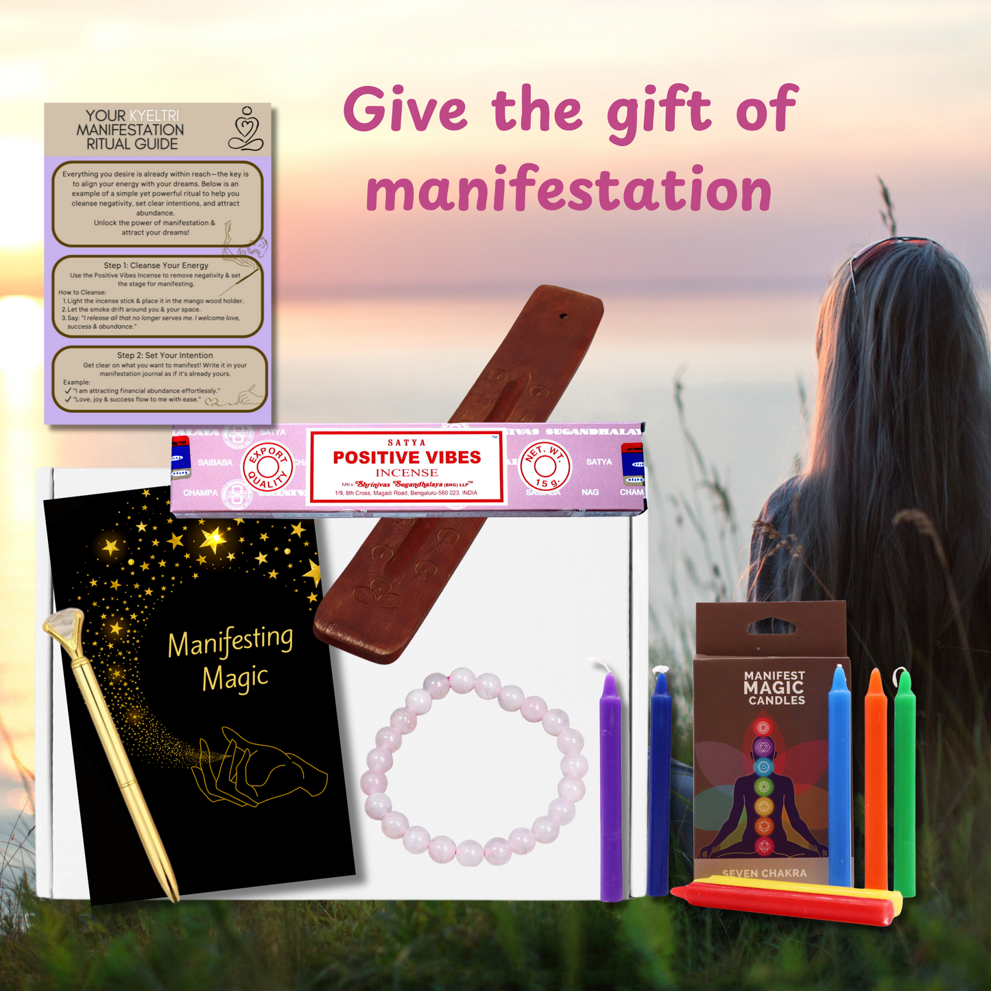 Manifestation Positive Gift Set with Manifesting Journal, Satya Incense Sticks, x7 Chakra Candles, Rose Quartz Bracelet, Incense Stick Holder and Jewel Pen