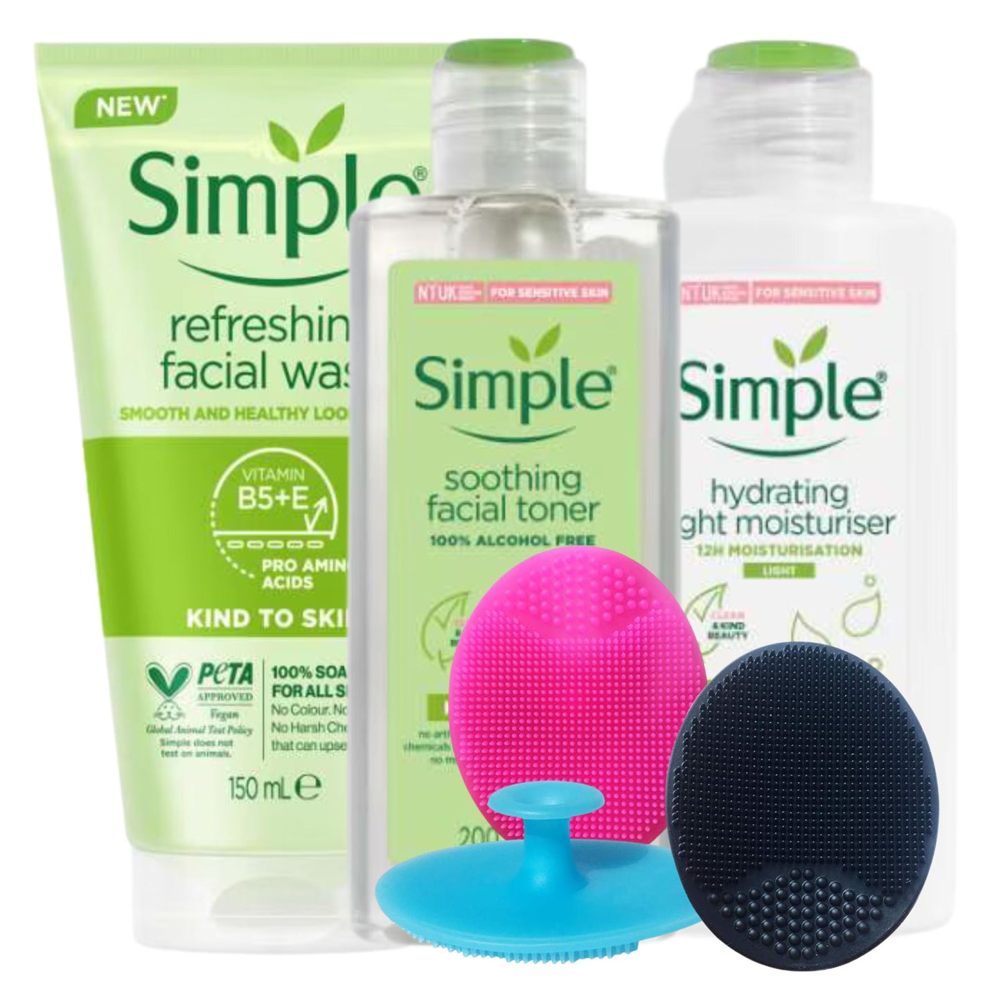 Silicone Face Scrubber bundled with Simple Skincare Set containing Face Wash, Toner & Moisturiser and 3 Kyeltri Silicone Face Exfoliating Brush