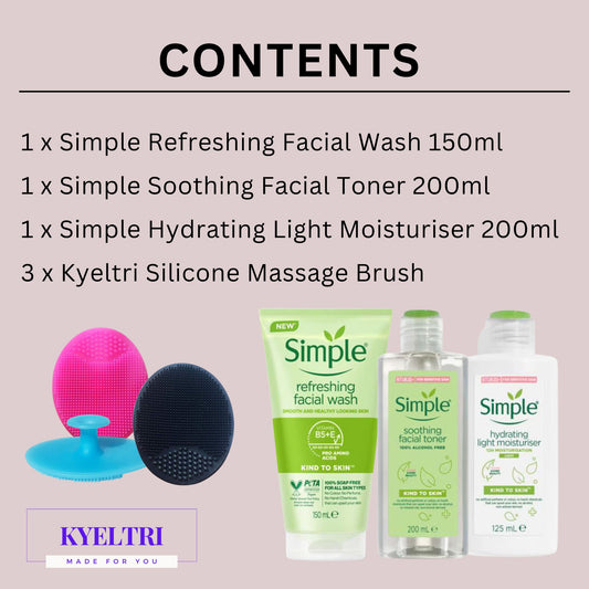 Silicone Face Scrubber bundled with Simple Skincare Set containing Face Wash, Toner & Moisturiser and 3 Kyeltri Silicone Face Exfoliating Brush