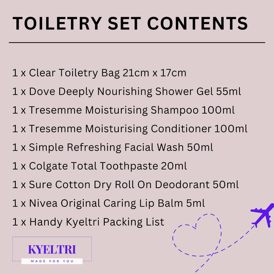 Travel Toiletries for Women - Travel Size Mini Toiletries Set for Holidays, Vacation, Over Night Stay, Hospital Bag Essentials - Clear Travel Bag - Airport Security Approved with Kyeltri Checklist