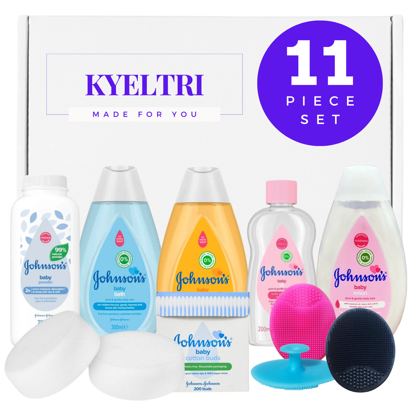 Baby Bath Set bundled with Johnson's Baby Toiletries and Kyeltri Silicone Baby Brushes for Cradle Cap and Baby Massage with Baby Sponges