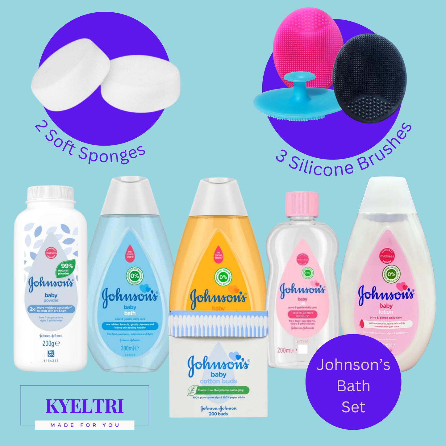 Baby Bath Set bundled with Johnson's Baby Toiletries and Kyeltri Silicone Baby Brushes for Cradle Cap and Baby Massage with Baby Sponges