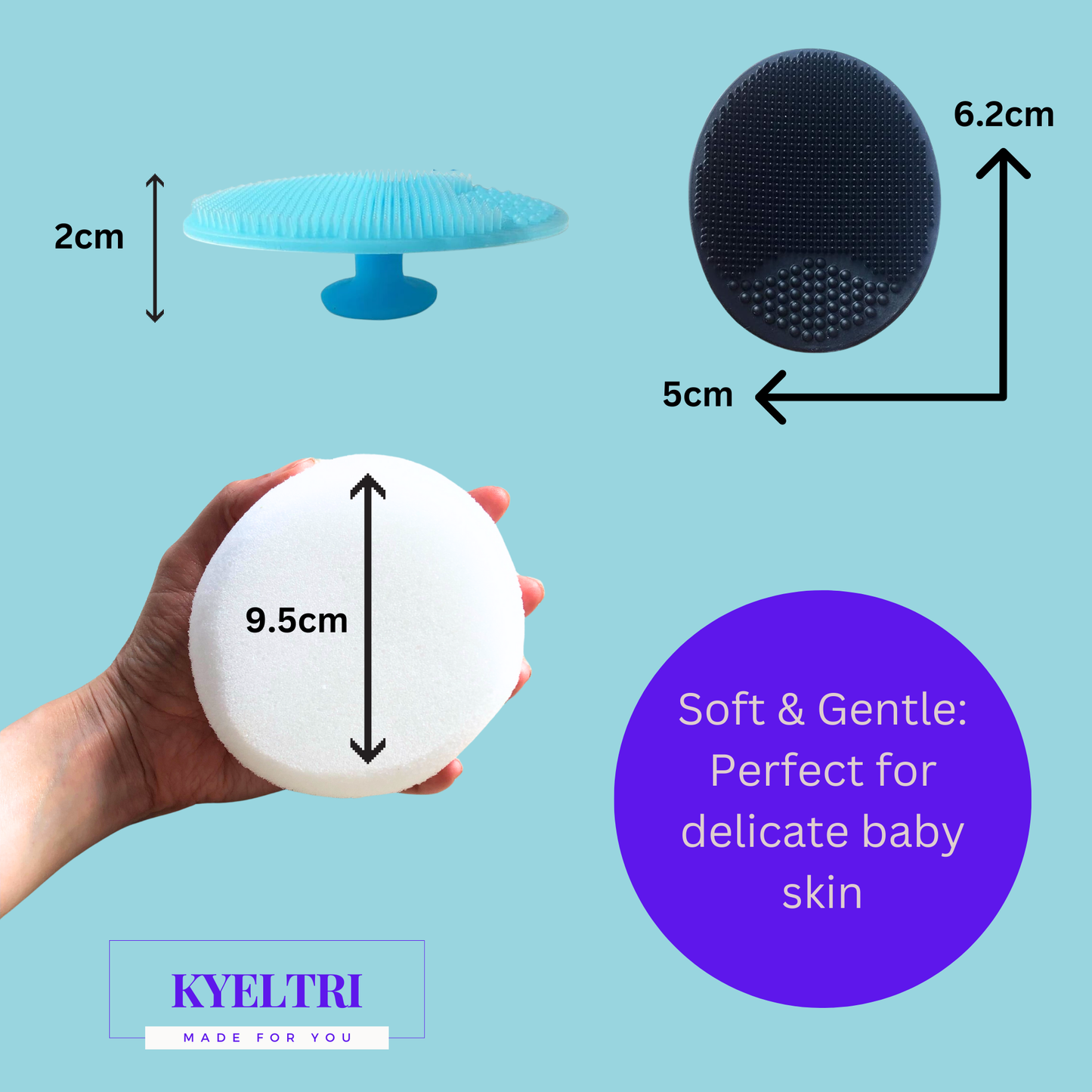 Baby Bath Set bundled with Johnson's Baby Toiletries and Kyeltri Silicone Baby Brushes for Cradle Cap and Baby Massage with Baby Sponges
