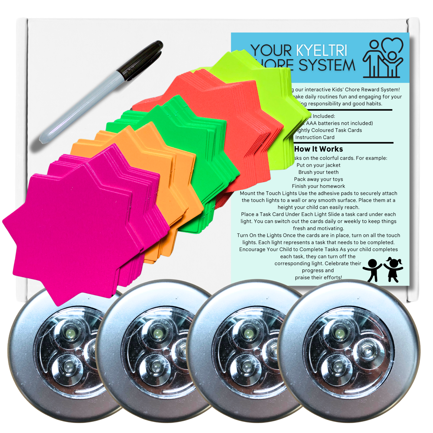 Chores System for Kids Set with Touch Lights, Neon Cards and Instruction Guide for To Do List Visual Timetable and Routine Planner