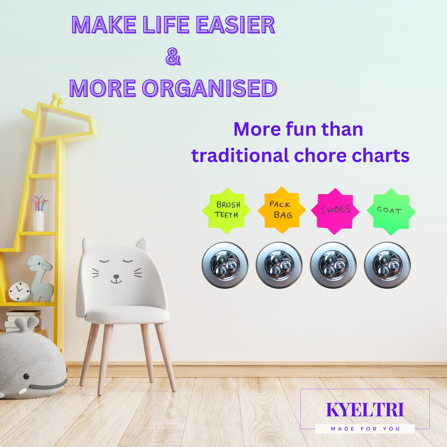 Chores System for Kids Set with Touch Lights, Neon Cards and Instruction Guide for To Do List Visual Timetable and Routine Planner