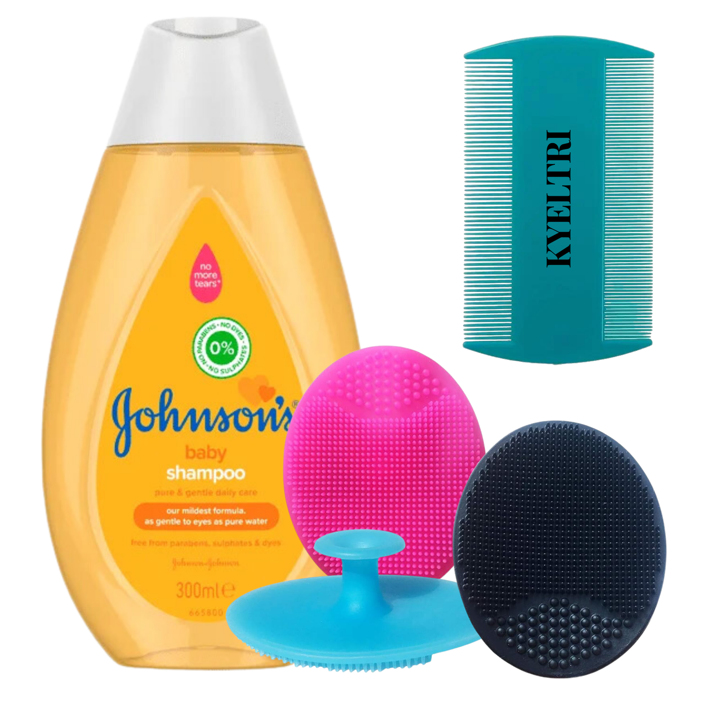Cradle Cap Treatment for Baby Including 3 Kyeltri Silicone Cradle Cap Brushes & Fine Tooth Cradle Cap Comb Bundled with Johnson's Baby Shampoo