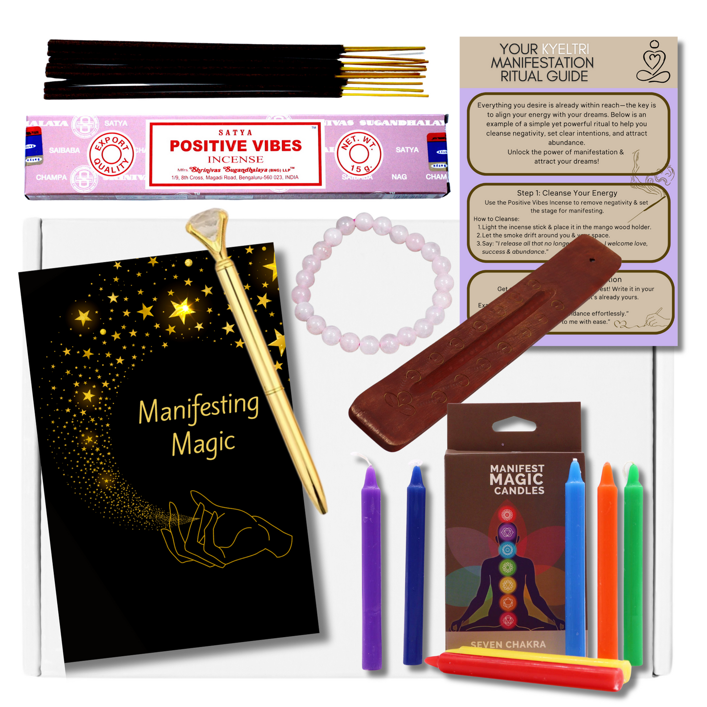 Manifestation Positive Gift Set with Manifesting Journal, Satya Incense Sticks, x7 Chakra Candles, Rose Quartz Bracelet, Incense Stick Holder and Jewel Pen