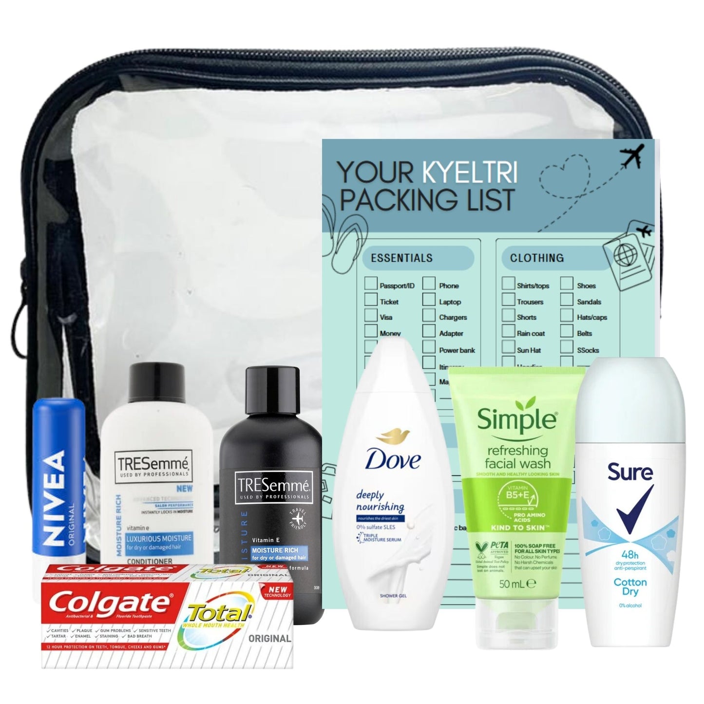 Travel Toiletries for Women - Travel Size Mini Toiletries Set for Holidays, Vacation, Over Night Stay, Hospital Bag Essentials - Clear Travel Bag - Airport Security Approved with Kyeltri Checklist