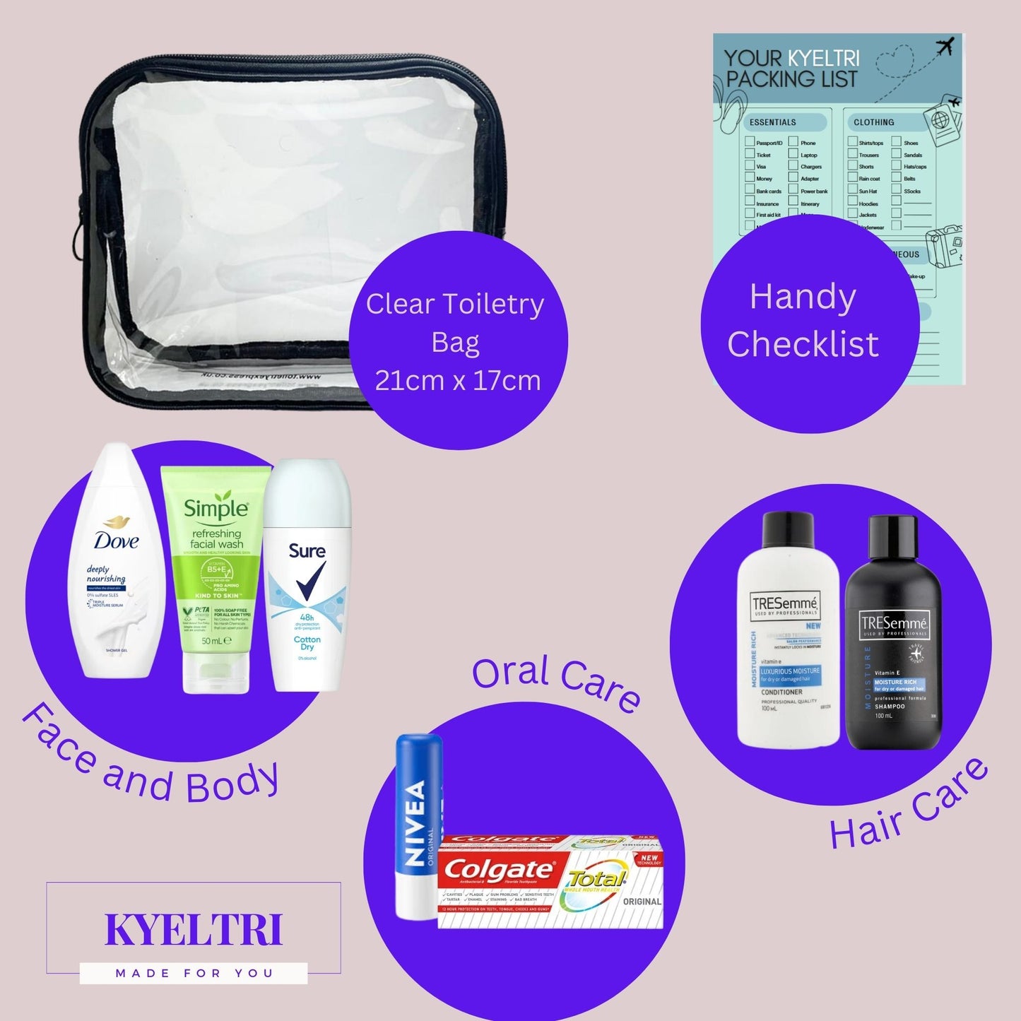 Travel Toiletries for Women - Travel Size Mini Toiletries Set for Holidays, Vacation, Over Night Stay, Hospital Bag Essentials - Clear Travel Bag - Airport Security Approved with Kyeltri Checklist