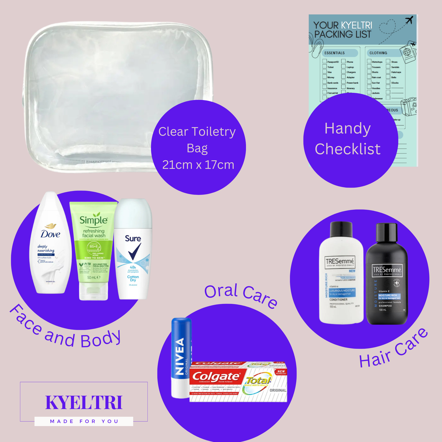 Travel Toiletries for Women - Travel Size Mini Toiletries Set for Holidays, Vacation, Over Night Stay, Hospital Bag Essentials - Clear Travel Bag - Airport Security Approved with Kyeltri Checklist