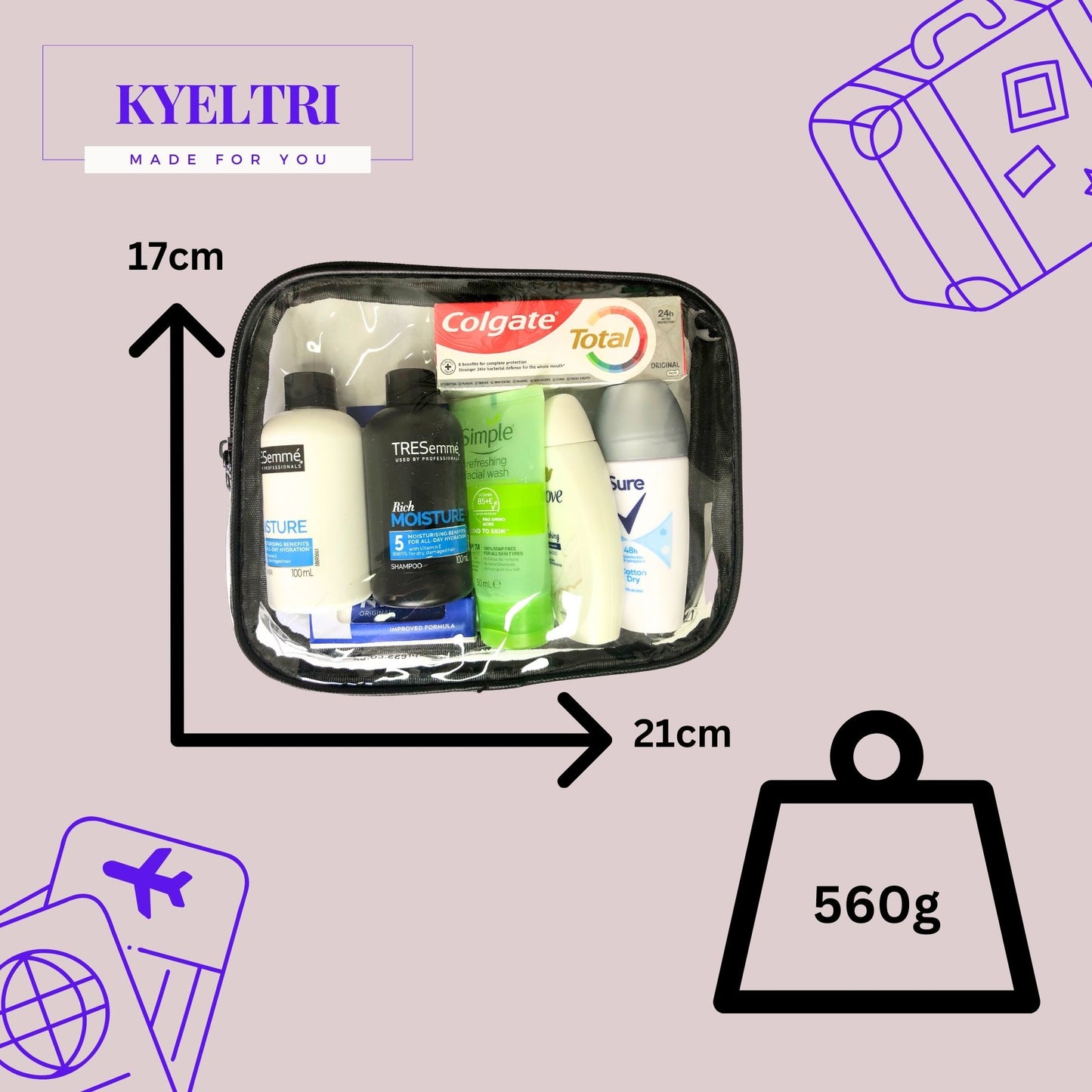 Travel Toiletries for Women - Travel Size Mini Toiletries Set for Holidays, Vacation, Over Night Stay, Hospital Bag Essentials - Clear Travel Bag - Airport Security Approved with Kyeltri Checklist